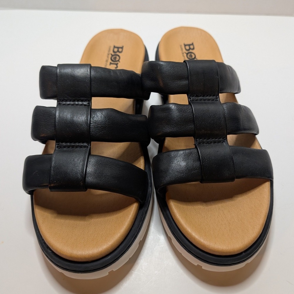 Born Daisy Sandals Black Leather Triple Strap Padded Slide Comfort Womens 10